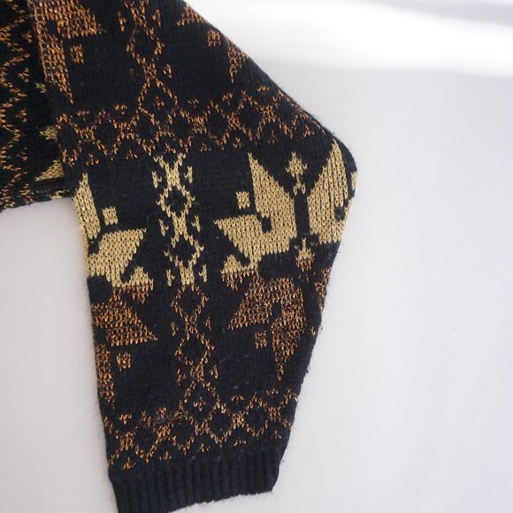 Vintage Rose Black Gold Cotton Knit Retro Eclectic Grandpa Holiday Sweater L - Picture 9 of 10